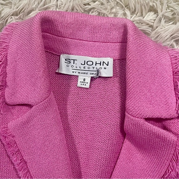 SOLD St. John Marie Gray Rare Y2K Santana Knit Hot Pink Logo Buttons Fringe - Picture 12 of 14